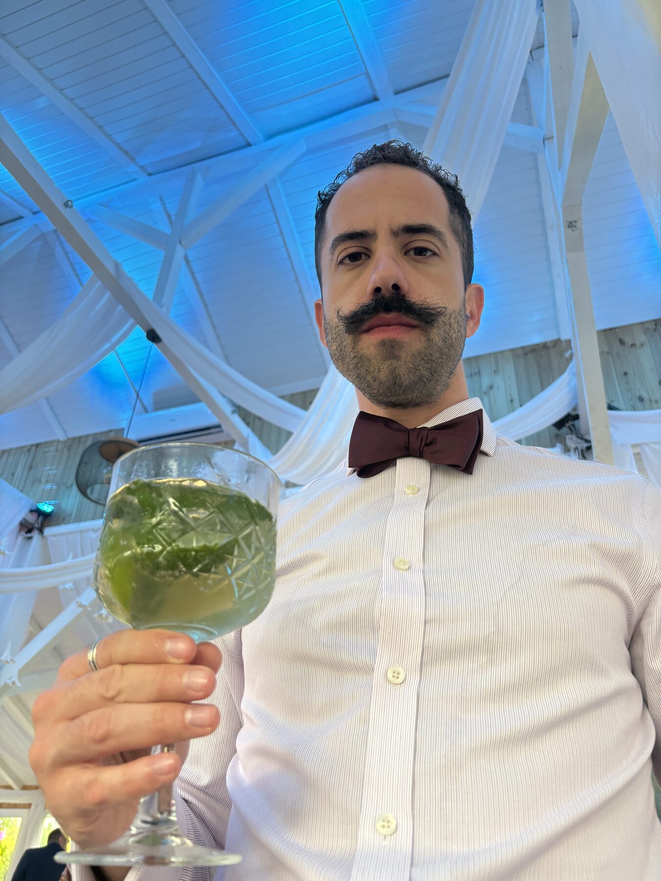 Orfeas wearing a bow tie and holding a green cocktail